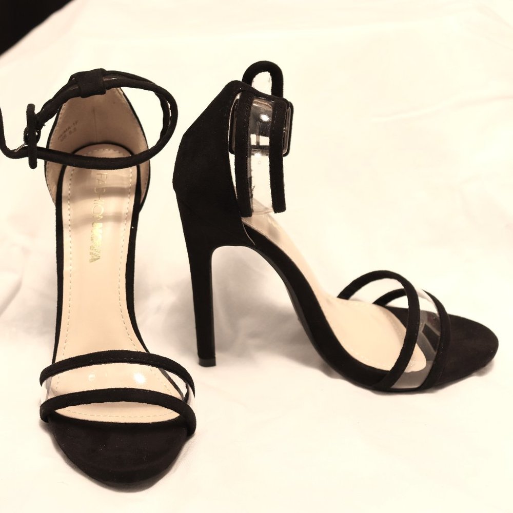 Clear Ankle Strap Open Toe Heels. Size 5.5